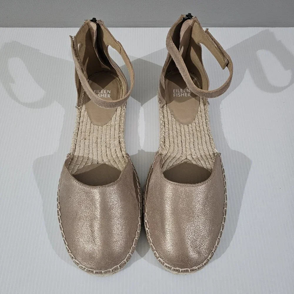 Eileen Fisher Lala Flat Espadrille Sandal Womens 9.5 Metallic Tan Leather NEW